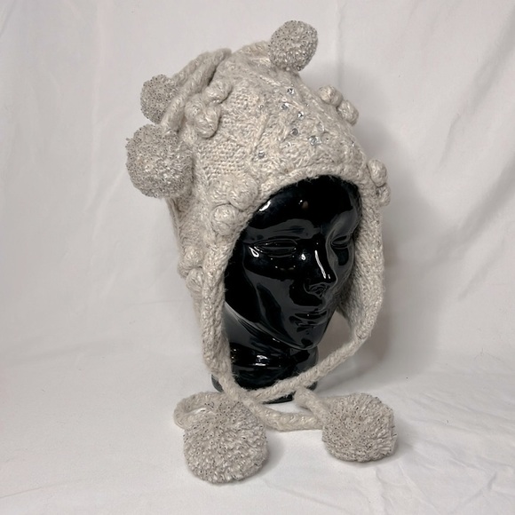 Betsey Johnson Accessories - Betsey Johnson Women’s Grey/Taupe ear flap hat with poms and rhinestones